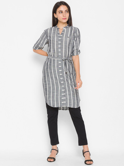 

ZOLA Women Grey Striped Mandarin Collar Longline Top