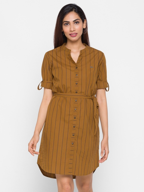 

ZOLA Women Khaki Striped Roll Up Sleeves Longline Top