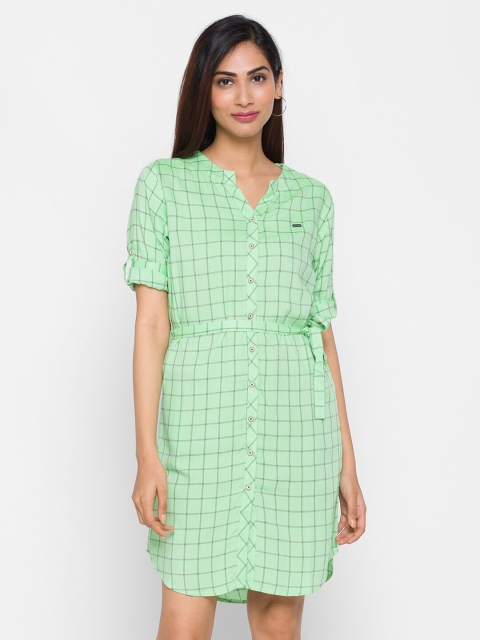 

ZOLA Women Green Checked Roll-Up Sleeves Shirt Style Longline Top