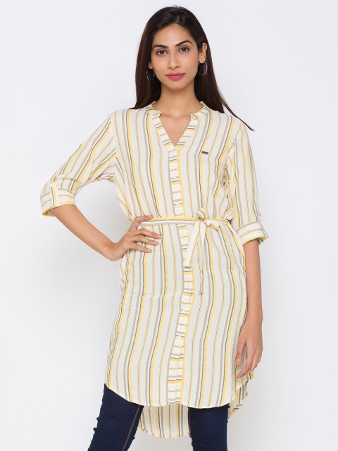 

ZOLA Women Yellow Striped Roll-Up Sleeves Shirt Style Longline Top