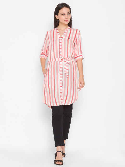 

ZOLA Women Peach Striped Shirt Style Longline Top