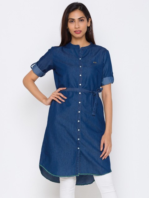 

ZOLA Women Navy Blue Shirt Style Longline Top