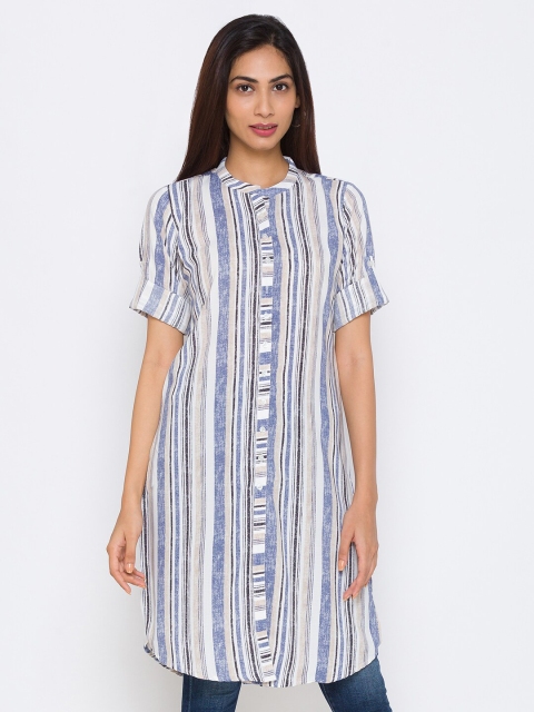 

ZOLA Women Blue Striped Shirt Style Longline Top