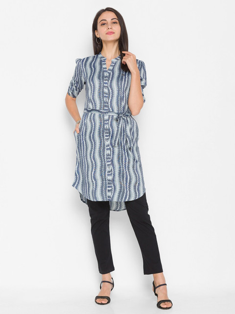 

ZOLA Women Blue Striped Shirt Style Longline Top