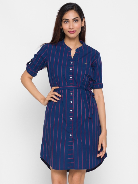 

ZOLA Women Navy Blue Mandarin Collar Shirt Style Longline Top