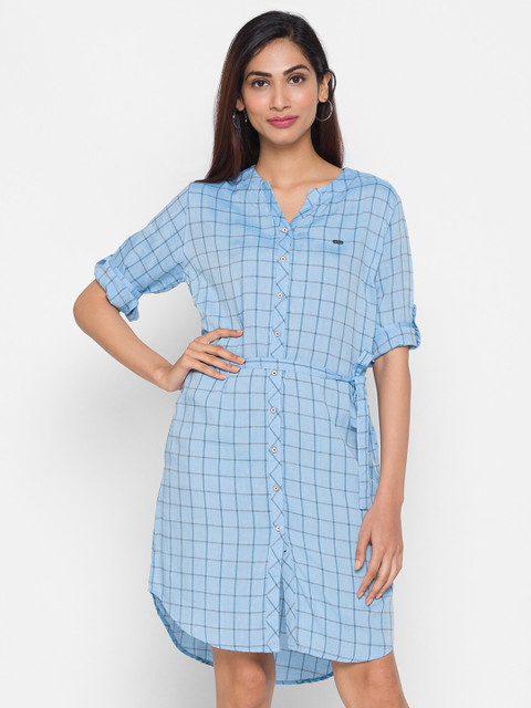 

ZOLA Women Blue Checked Roll-Up Sleeves Shirt Style Longline Top