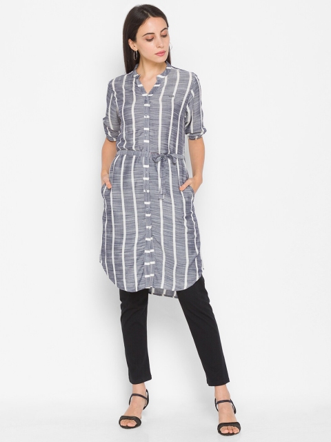 

ZOLA Women Grey Striped Roll-Up Sleeves Shirt Style Longline Top