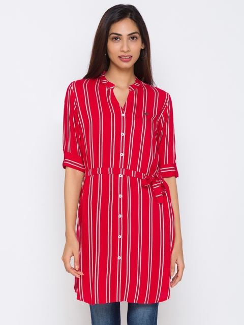 

ZOLA Women Red Striped Shirt Style Longline Top