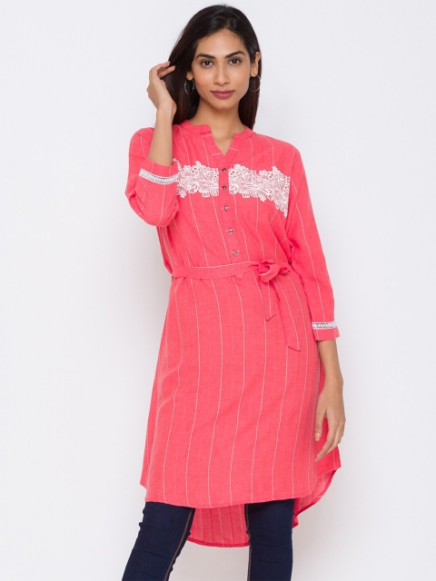 

ZOLA Women Pink Striped A-Line Shirt Style Longline Top