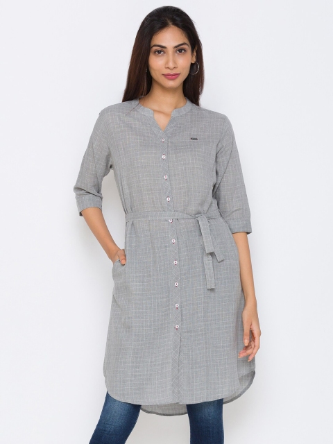 

ZOLA Women Grey Striped Shirt Style Longline Top