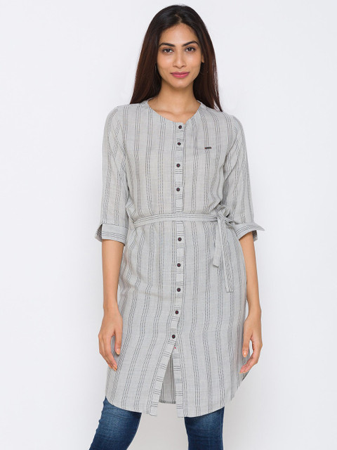 

ZOLA Women Grey Striped Shirt Style Longline Top