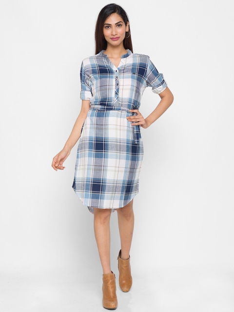 

ZOLA Women Blue Checked Roll-Up Sleeves Shirt Style Longline Top