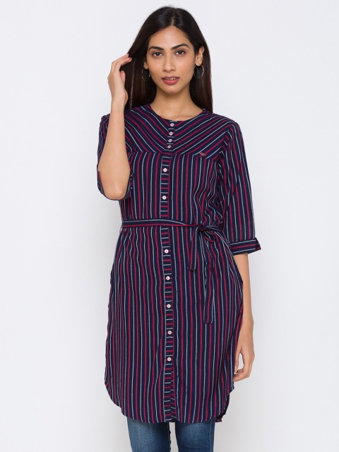 

ZOLA Women Navy Blue Striped Shirt Style Longline Top