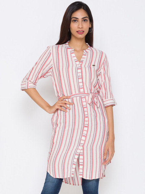 

ZOLA Women Peach Striped Shirt Style Longline Top