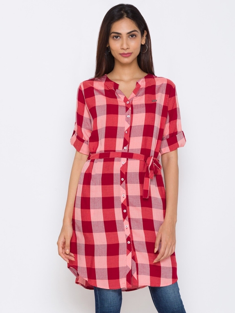 

ZOLA Women Red Checked Shirt Style Longline Top