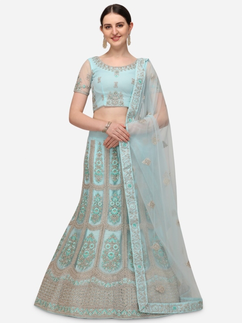 

VRSALES Turquoise Blue Embroidered Semi-Stitched Lehenga & Blouse With Dupatta