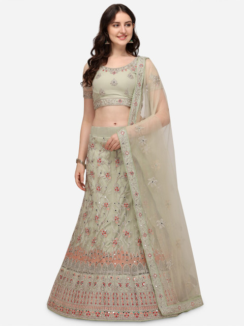 

VRSALES Lime Green & Peach-Coloured Embroidered Semi-Stitched Lehenga & Blouse With Dupatta