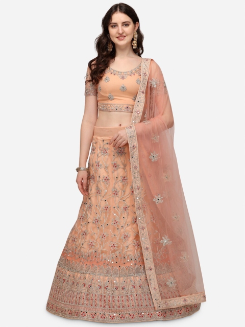 

VRSALES Peach-Coloured Embroidered Semi-Stitched Lehenga & Blouse With Dupatta