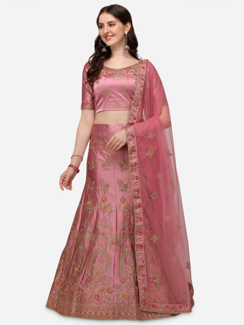 

VRSALES Pink & Gold-Coloured Embroidered Semi-Stitched Lehenga & Blouse With Dupatta