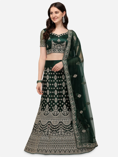 

VRSALES Green & Silver-Coloured Embroidered Semi-Stitched Lehenga & Blouse With Dupatta