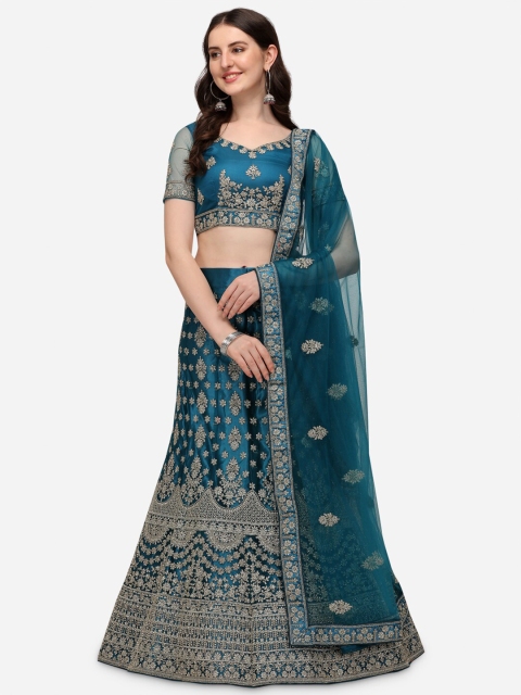 

VRSALES Blue & Gold-Coloured Embroidered Semi-Stitched Lehenga & Blouse With Dupatta