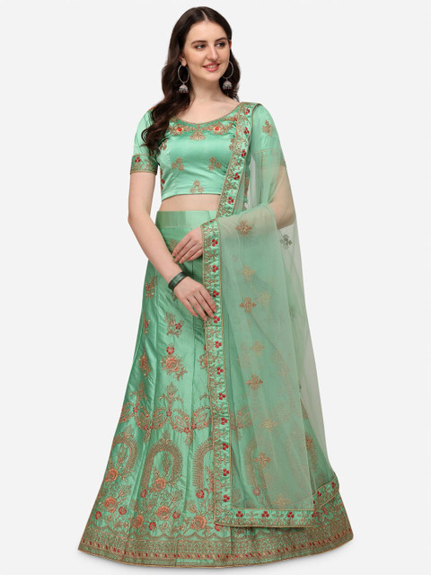 

VRSALES Sea Green & Gold-Coloured Embroidered Semi-Stitched Lehenga & Blouse With Dupatta