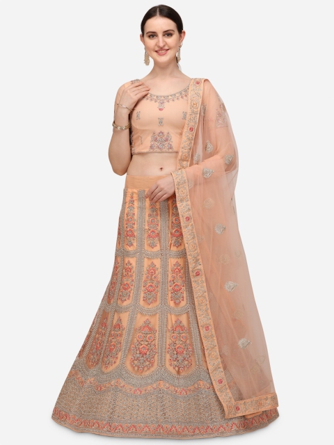 

VRSALES Peach-Coloured Embroidered Semi-Stitched Lehenga & Blouse With Dupatta