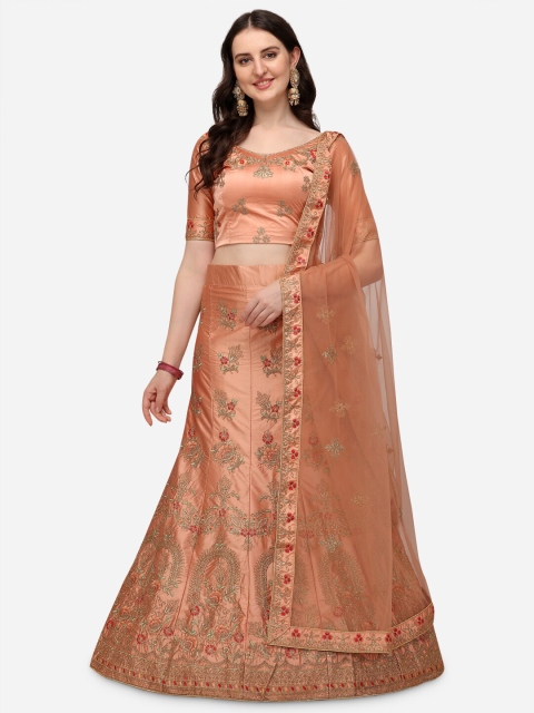 

VRSALES Peach-Coloured Embroidered Semi-Stitched Lehenga & Blouse With Dupatta