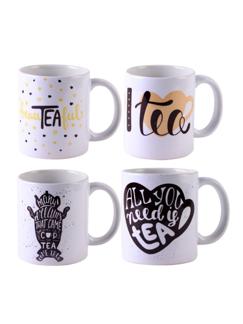 

Ferns N Petals Set of 4 White & Black Printed Ceramic Glossy Mugs