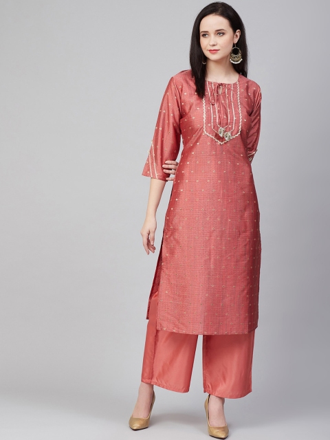 

Bhama Couture Women Peach-Coloured Ethnic Motifs Yoke Design Regular Kurta with Palazzos