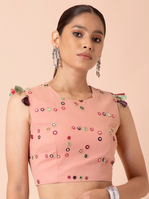 

Indya X Payal Singhal Pink Mirror Work Tasselled Crop Top