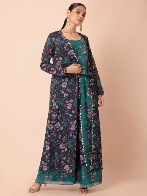 

INDYA Women Black Floral Printed Long Shrug