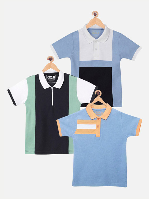 

GOJI Boys Pack Of 3 Blue & White Colourblocked Polo Collar T-shirt