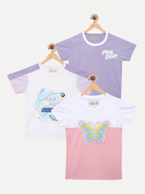 

GOJI Girls Pack of 3 Typography Printed Regular Cotton T-shirts, Lavender