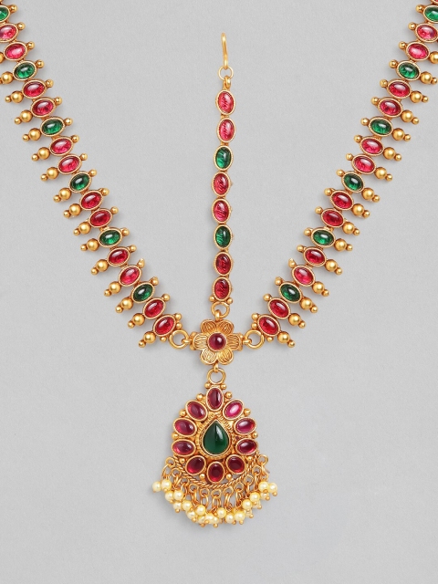 

Rubans Gold-Plated Pink & Green Stone-Studded & Beaded Handcrafted Matha Patti