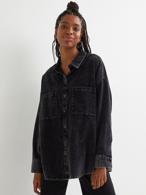 

H&M Women Black Solid Relaxed Fit Oversized Corduroy Shirt