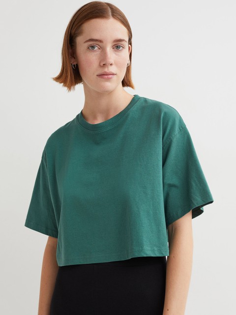 

HM Women Green Ribbed V-neck Cotton Cropped Pure Cotton T-shirt