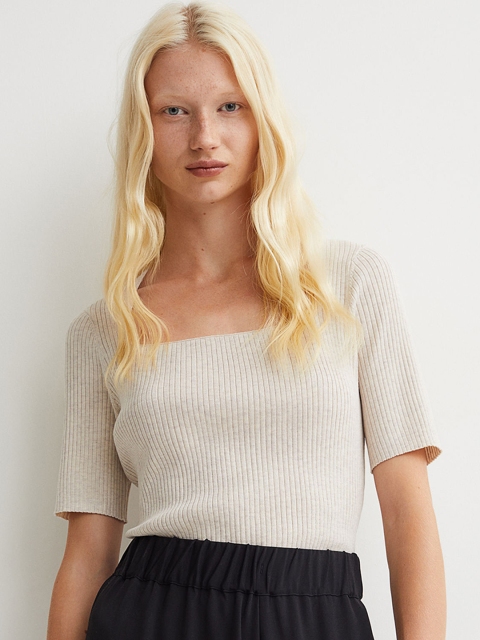 

H&M Women Beige Rib-Knit Top
