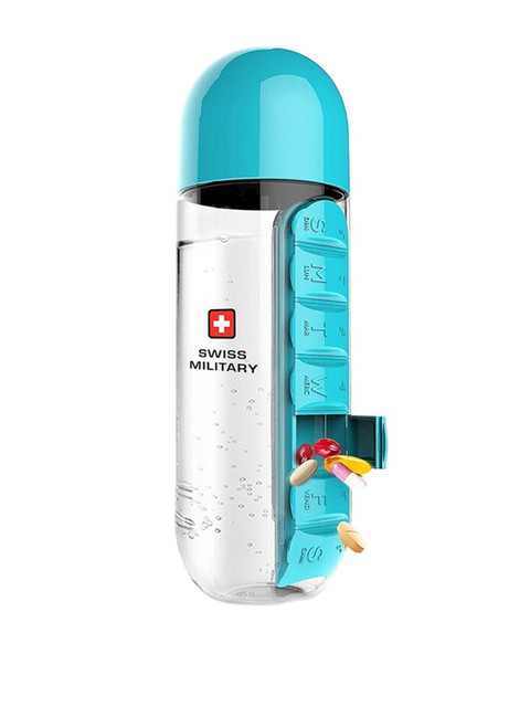 

SWISS MILITARY Blue Plastic Water Bottle With A Built-In 1-Week Pill Organizer