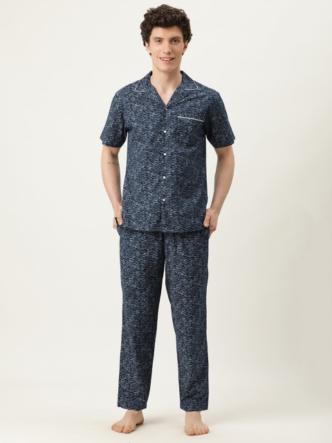 

IVOC Men Navy Blue & White Printed Pure Cotton Night suit