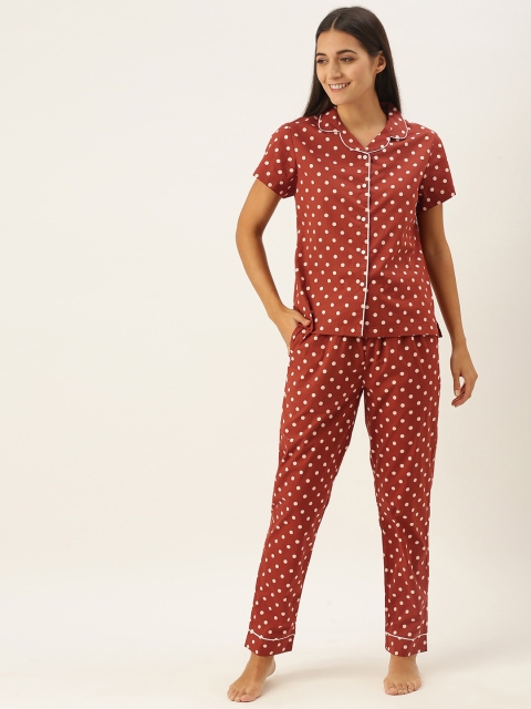 

IVOC Women Rust & White Polka Dots Printed Night suit