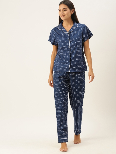 

IVOC Women Navy Blue & White Abstract Printed Pure Cotton Night suit
