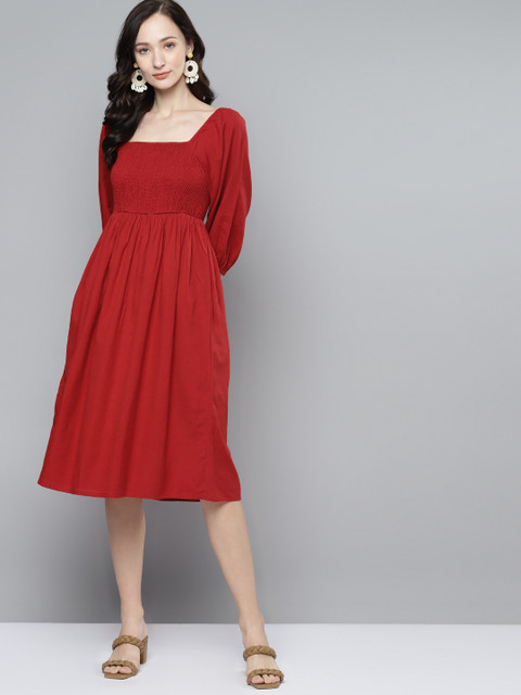 

Femella Red Solid Smocked Bishop Sleeves A-Line Midi Dress