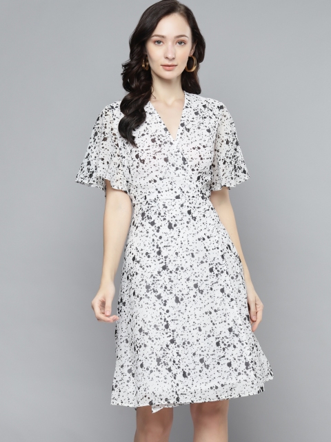 

Femella Women White & Black Printed V-Neck A-Line Dress