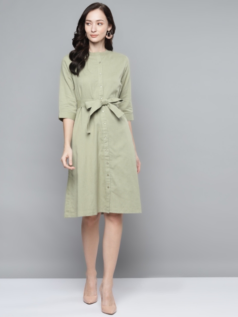 

Femella Olive Green Solid Button Down A-Line Dress