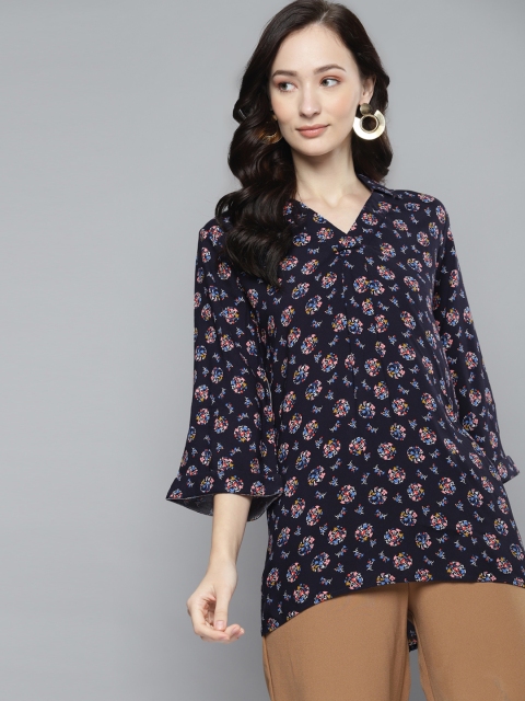 

Femella Navy Blue Floral Printed Bell Sleeves Pleated Regular Top