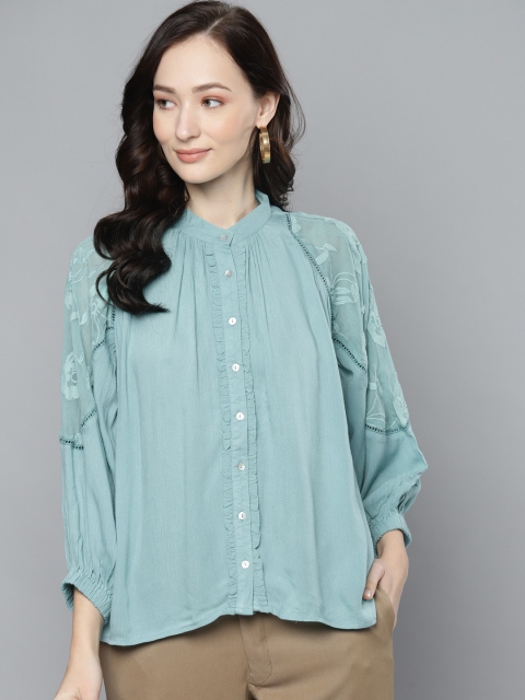 

Femella Women Green Solid Puff Sleeves Blouson Top