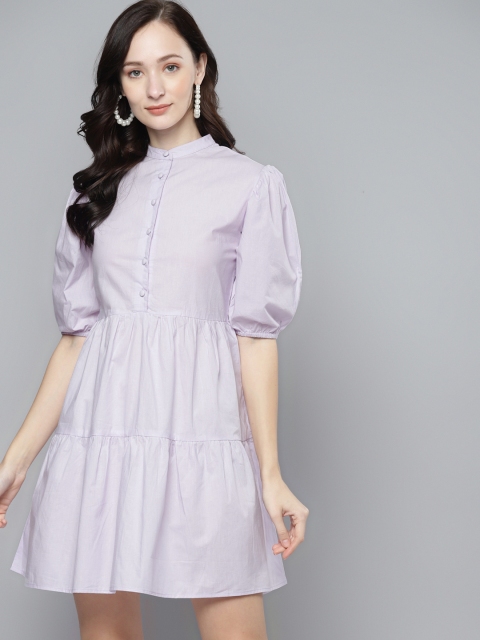 

Femella Purple Solid Tiered Cotton Flared Dress