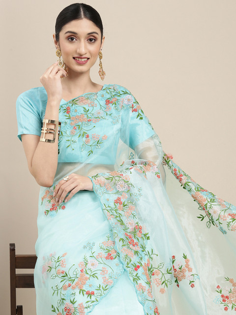 

all about you Blue Floral Embroidered Fancy Organza Saree