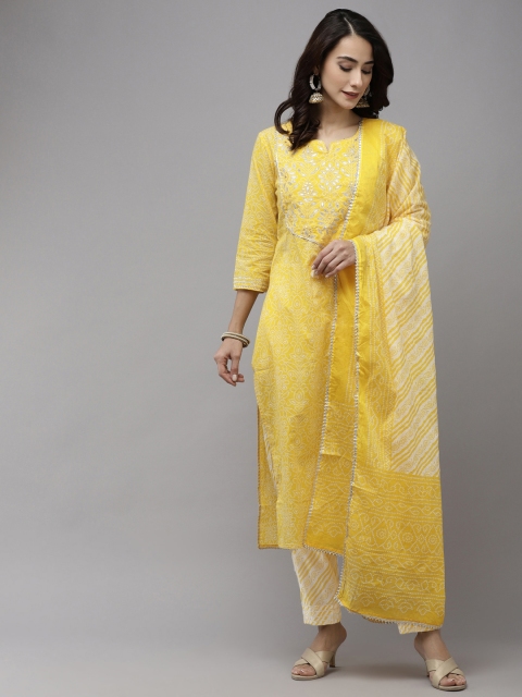 

Ishin Women Yellow Bandhani Embroidered Regular Pure Cotton Kurta with Trousers & With Dupatta